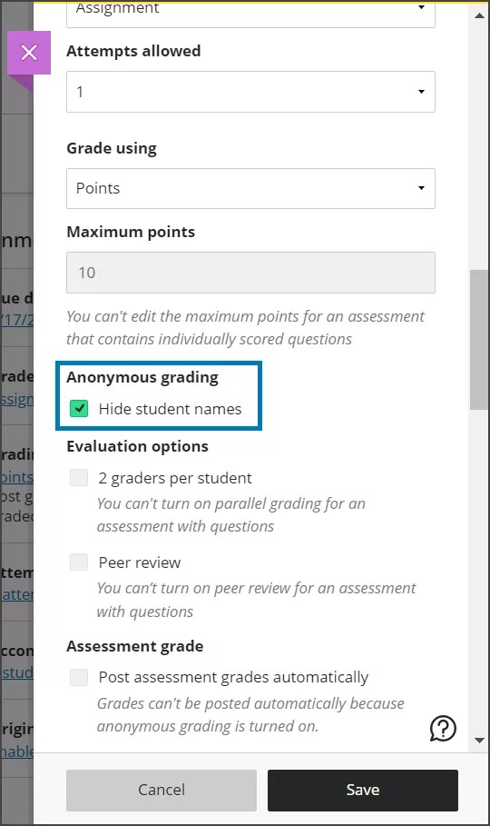 De optie ‘Namen van studenten verbergen’ is geselecteerd.