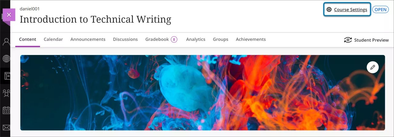 Weergave van het bovenste gedeelte van een Blackboard Ultra-cursus met de titel Inleiding tot technisch schrijven, met een kleurrijke cursusbanner variërend van blauw tot oranje. De optie Cursusinstellingen rechtsboven in het scherm is blauw gemarkeerd.