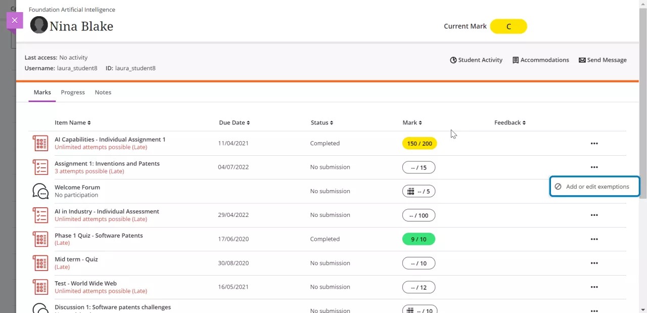 Voeg uitzonderingen toe aan de gedetailleerde weergave van studenten
