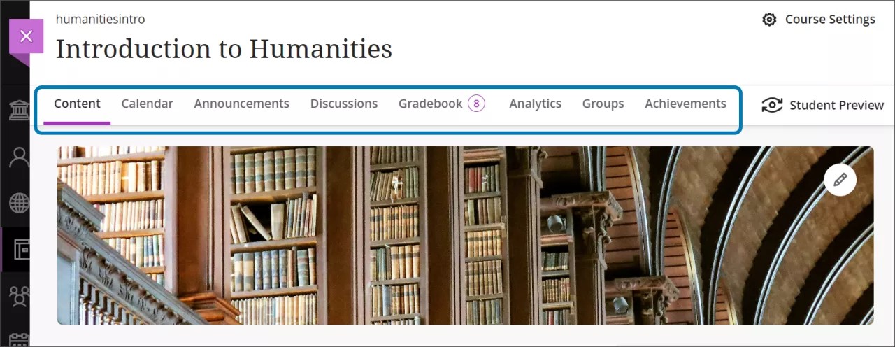 Navigatiebalk boven de pagina Cursusinhoud, met de tabbladen gemarkeerd