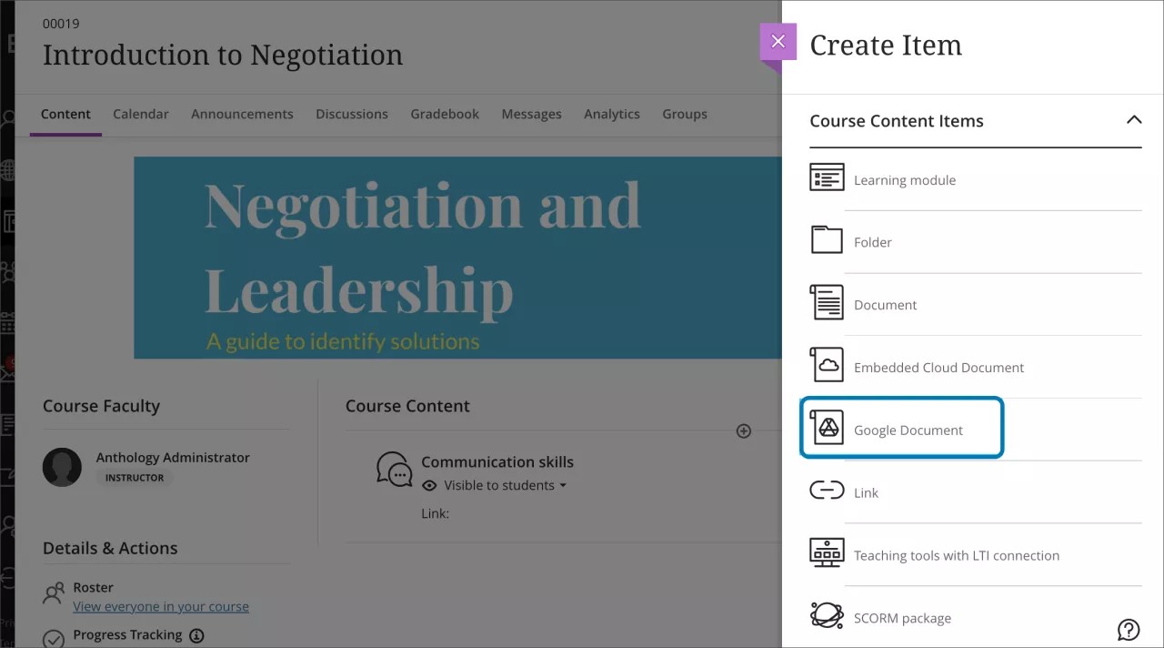 Imagem do painel Criar item na página Conteúdo do curso. A opção Google Document está destacada.