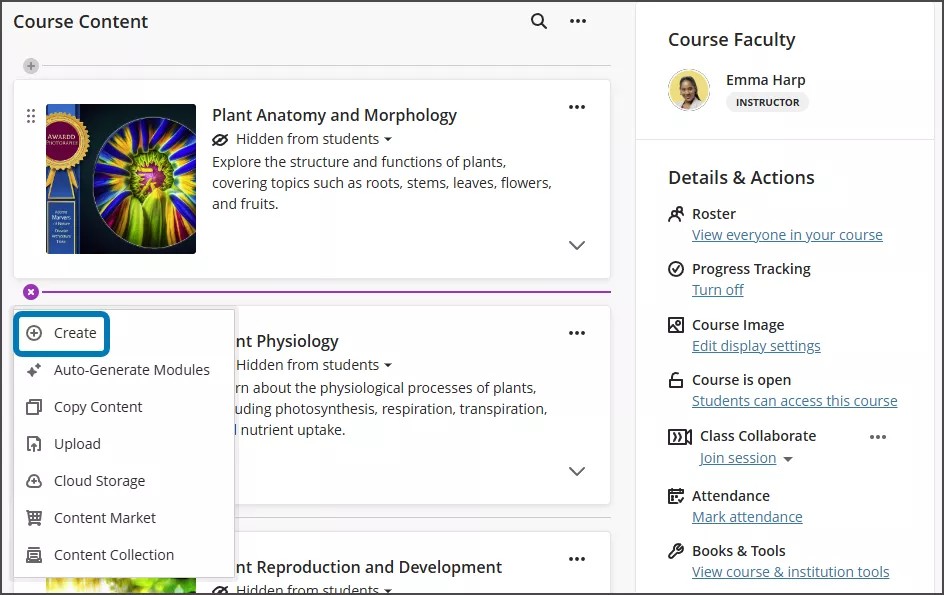 Conteúdo do curso, com o menu suspenso Criar item aberto