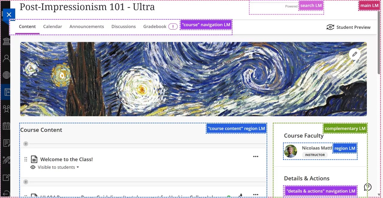 Estrutura da página de conteúdo do curso por pontos de referência