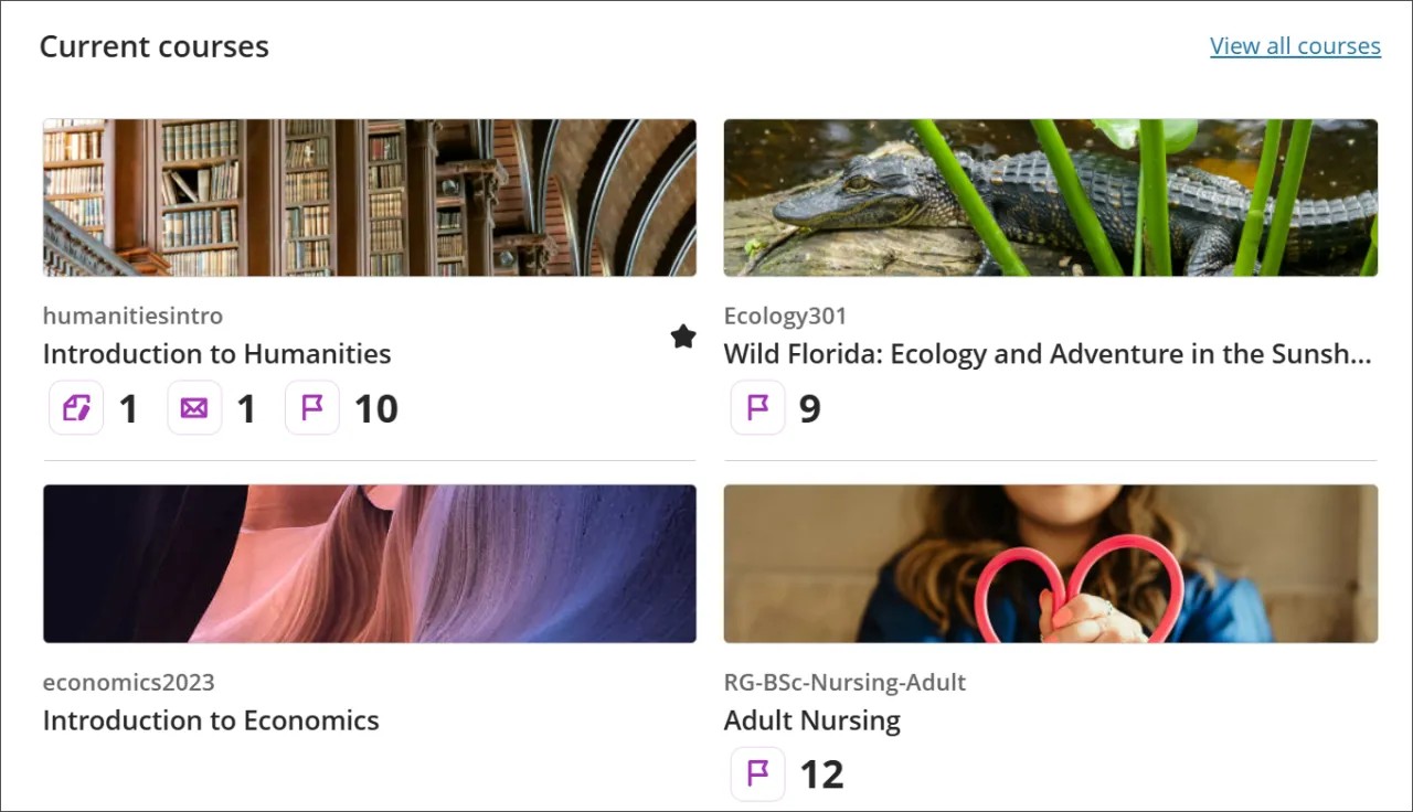 Seção de cursos atuais da página de Atividades, mostrando quatro cursos e a opção de Ver todos os cursos no canto superior direito