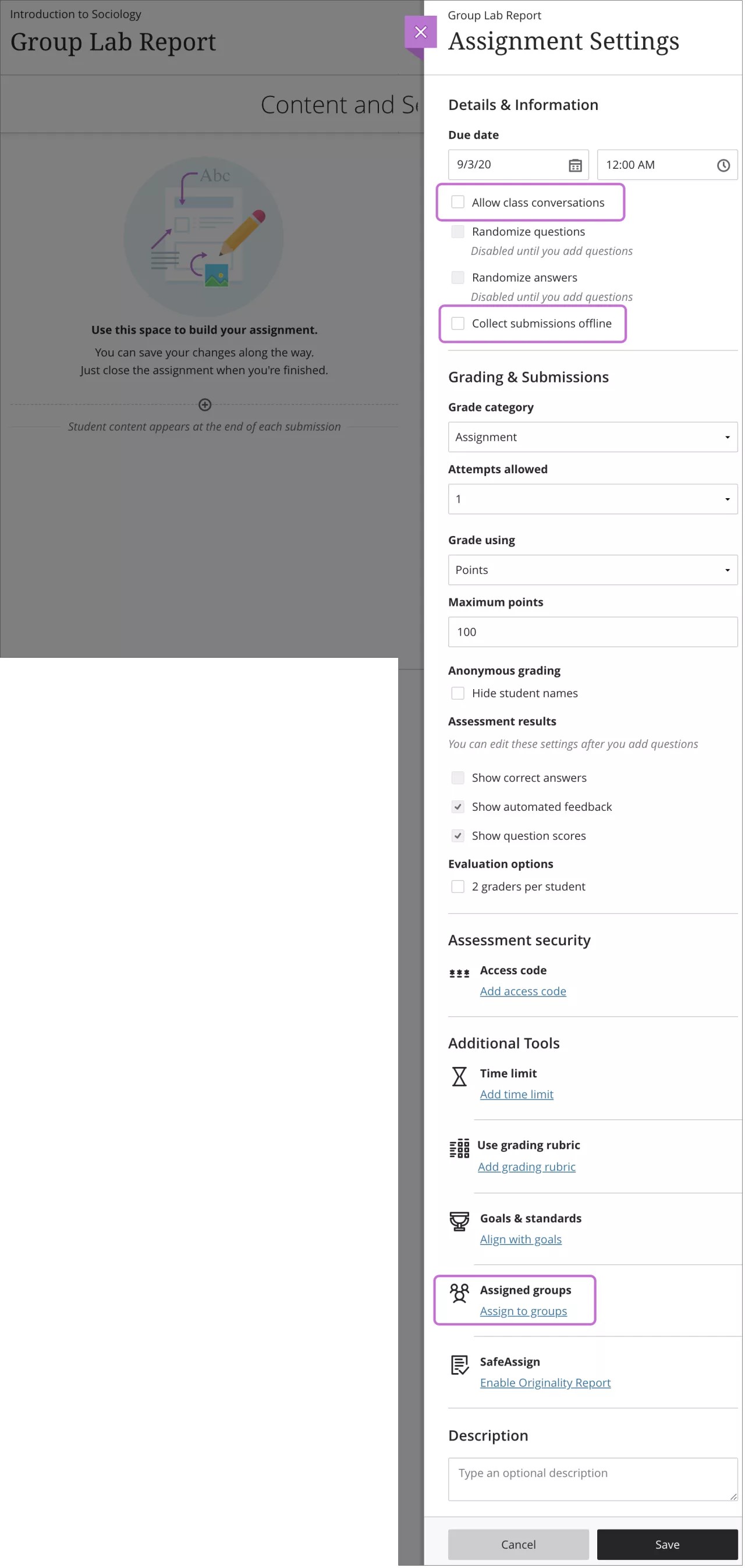 O painel de configurações do exercício se abre com as opções "Permitir conversas em classe", "Coletar envios off-line" e " Grupos designados" em destaque.