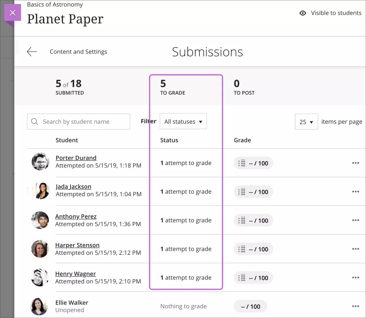 A página de Envios se abre com o número de envios para avaliação em destaque e a coluna de status também em destaque. A coluna de status mostra a lista de tentativas que ainda devem ser avaliadas.