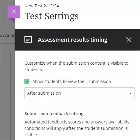 Painel aberto nas Configurações de testes com um botão X em uma barra preta