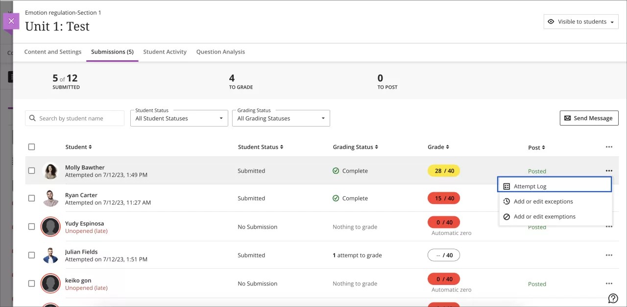 Imagem da guia de envios, com o recurso Registros de tentativas em destaque no menu suspenso Mais opções