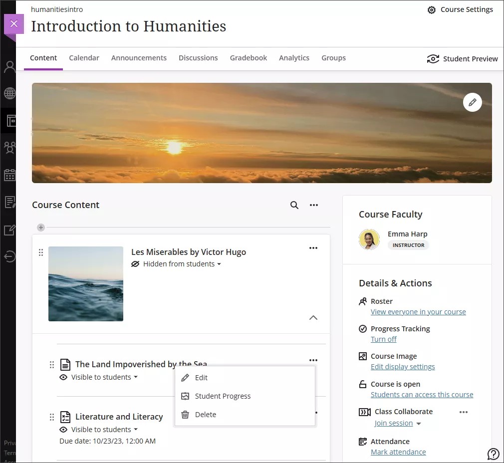 Bild av kursinnehållsobjekt med rutan som omger ikonen för att redigera och ta bort
