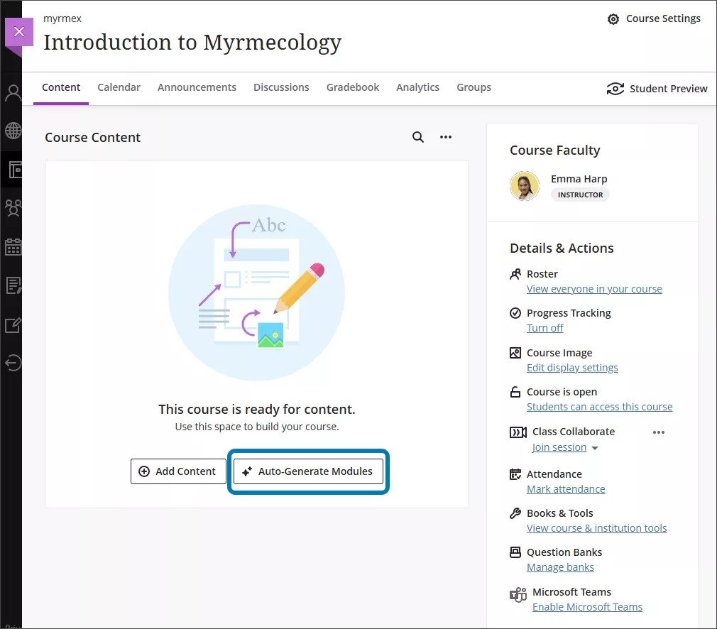 Modülleri otomatik oluşturma seçeneği boş bir kursta vurgulanır