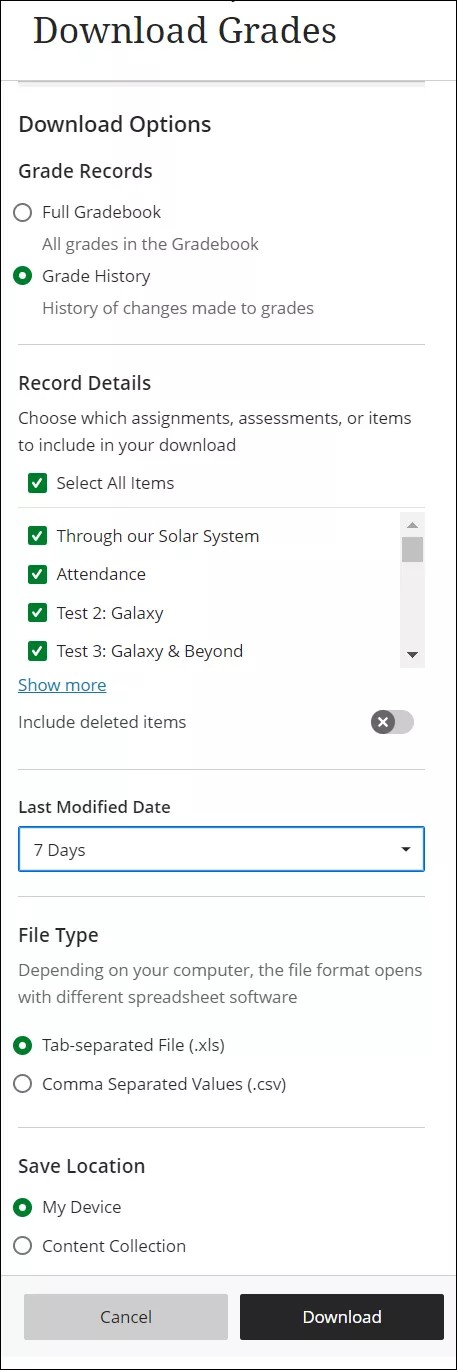 下载成绩侧面板。