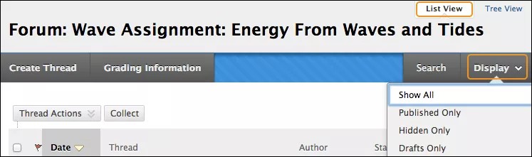 Detail der Forumseite mit dem geöffneten Dropdown-Menü "Anzeigemenü" mit den Optionen.