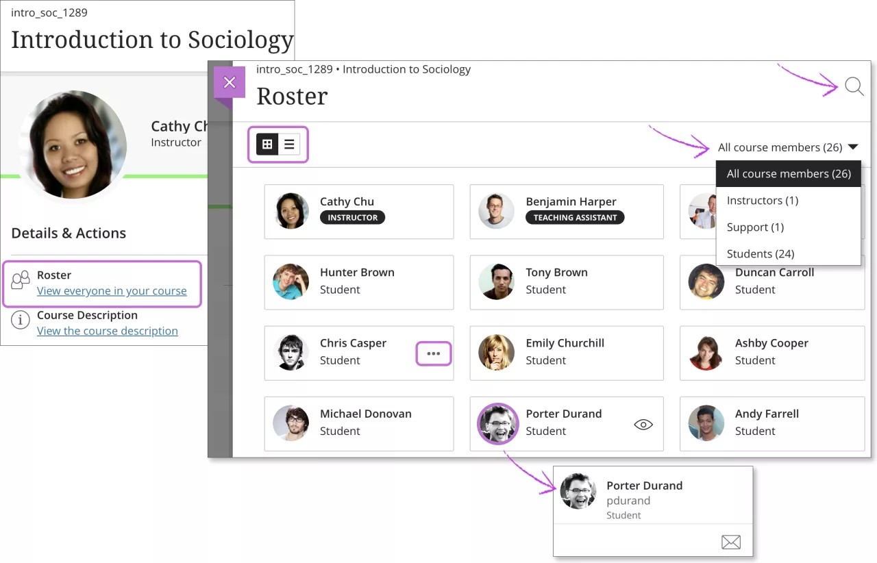 The Details & Actions Panel on the left, with the Roster link highlighted, and the Roster screen on the right.