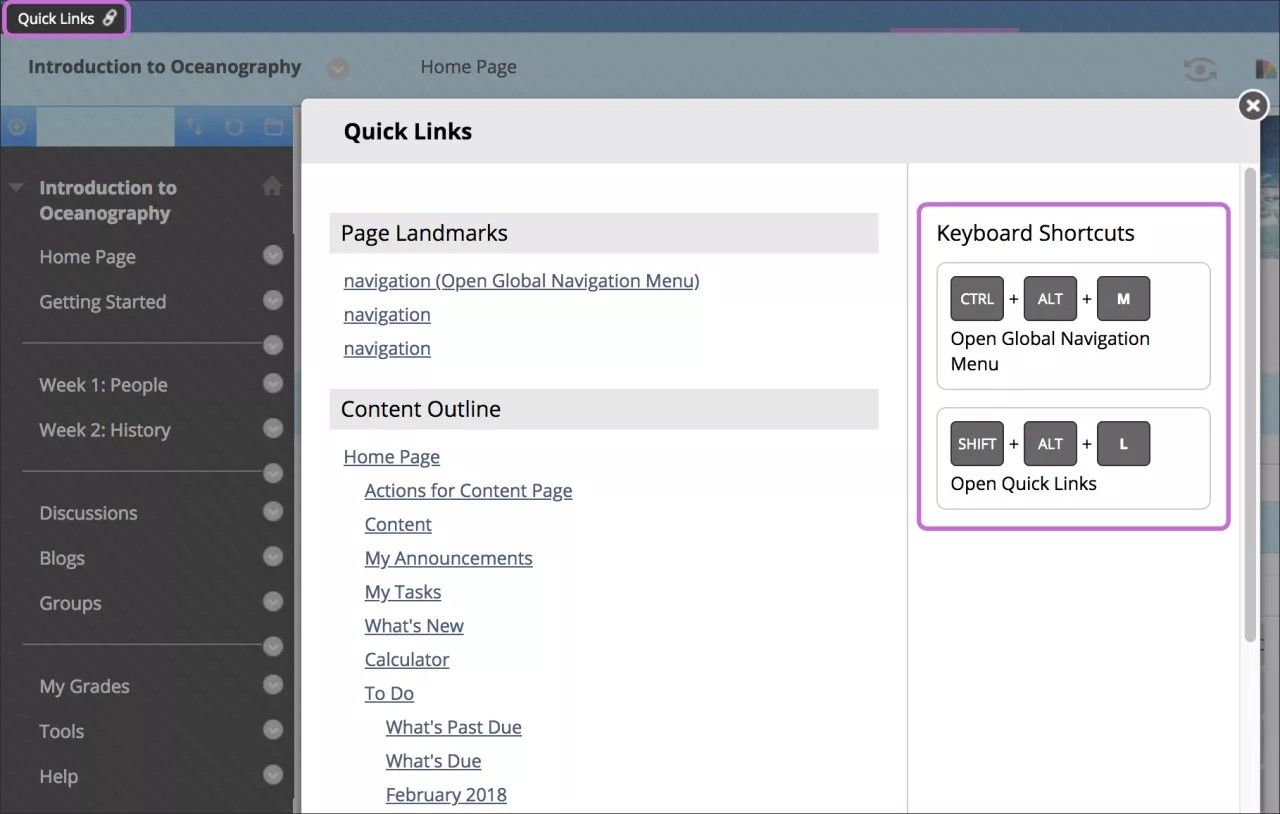 Quick Links tool opened inside Original Course View.