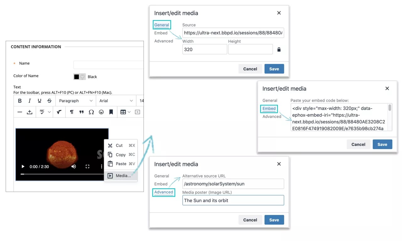 Options to upload and edit videos.