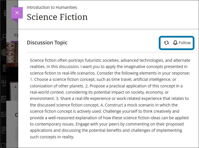 A blue rectangle surrounds the Follow and Refresh buttons above a discussion