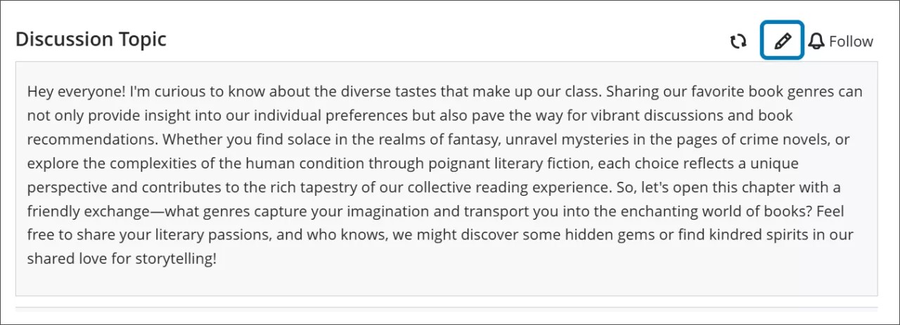 A discussion post, with the Edit button highlighted above the post text