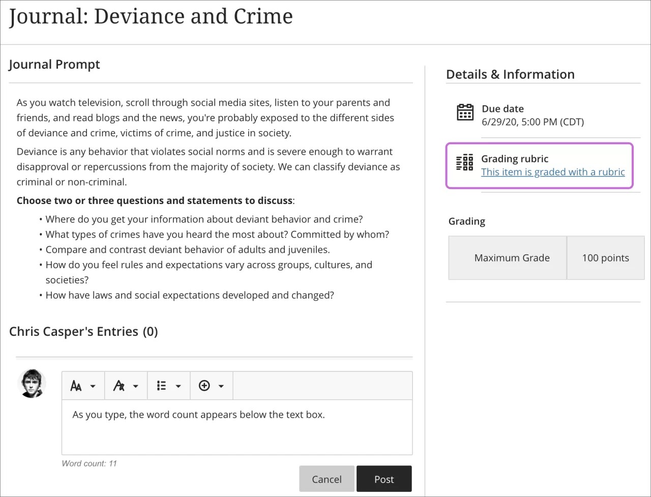 The journal on the left and the Details & Information panel on the right, with the Grading Rubric highlighted