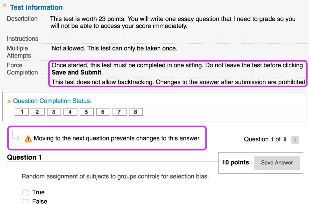 Test information section with Force Completion fields highlighted.