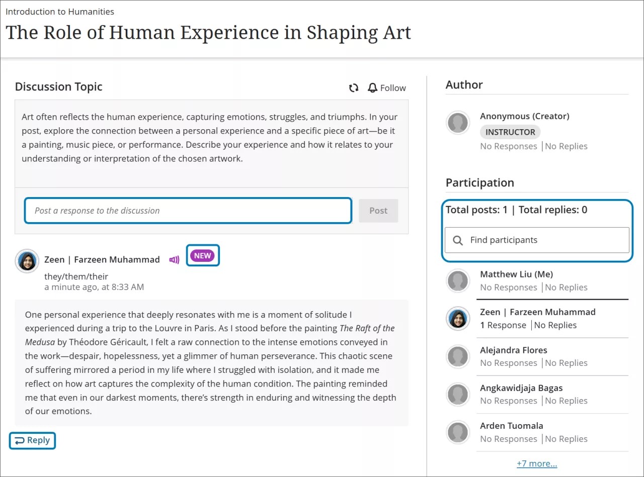 A discussion page, with the options to respond to the post, reply to a post, participation, and the "NEW" indicator highlighted