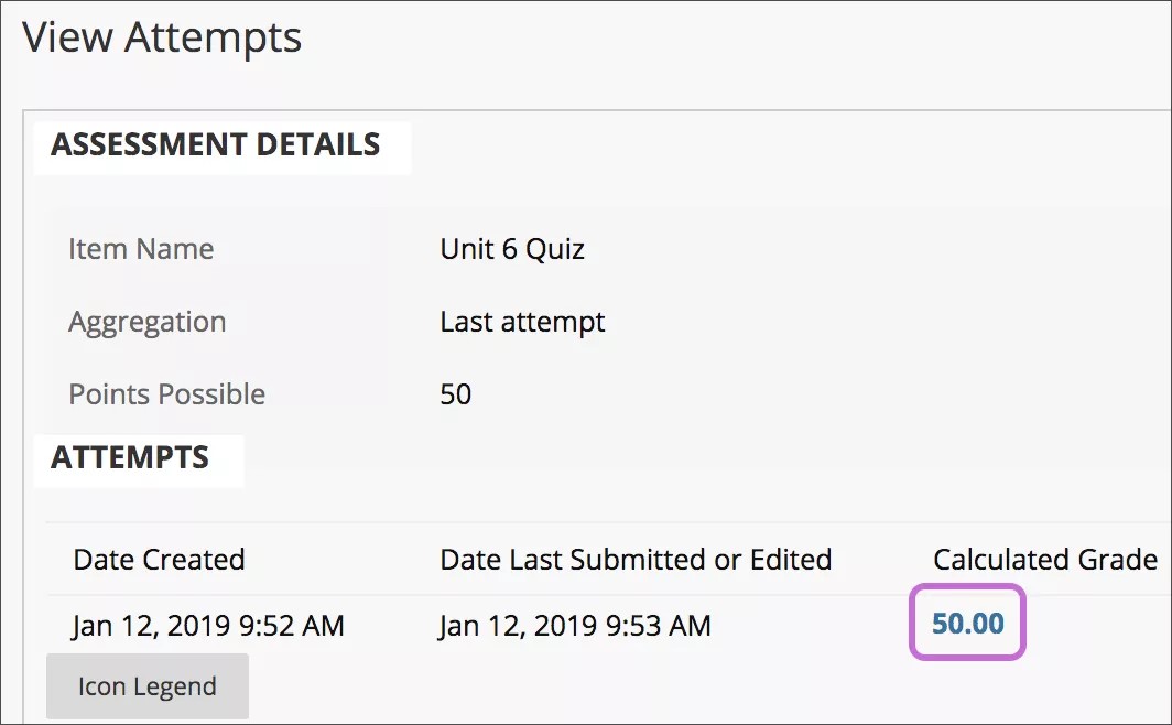View Attempts page with Calculated Grade indicator highlighted.