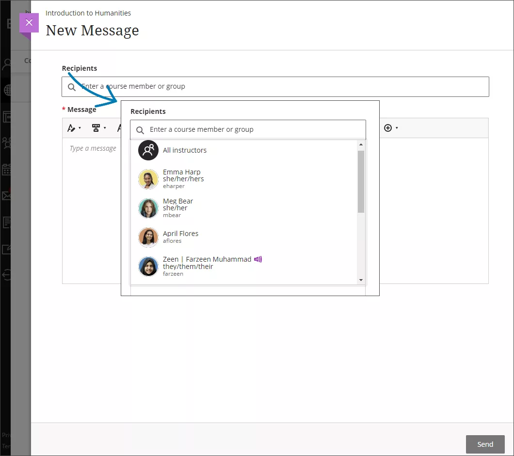 Overview of a new message, with an expansion of the Recipient field