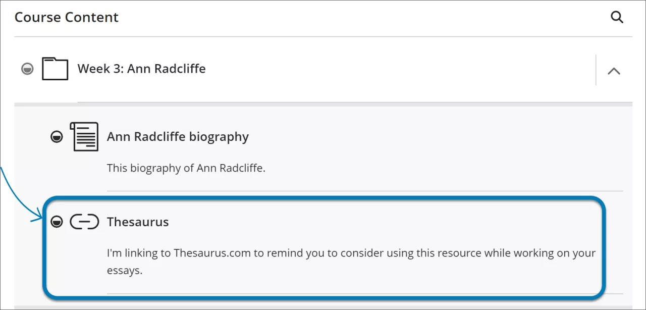 Detail of Course Content page with blue box and blue callout arrow highlighting web link