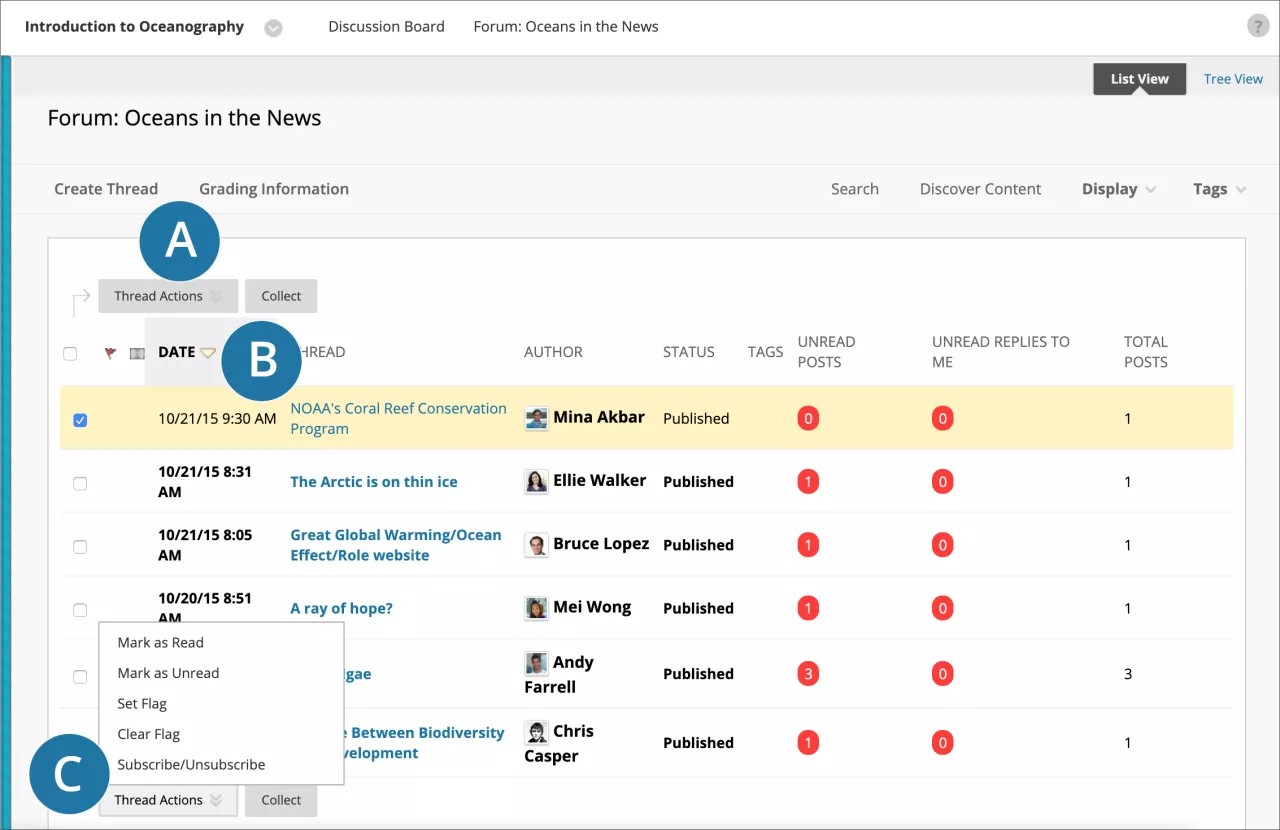 Forum page with a list of forum discussions. One discussion on the list is selected.