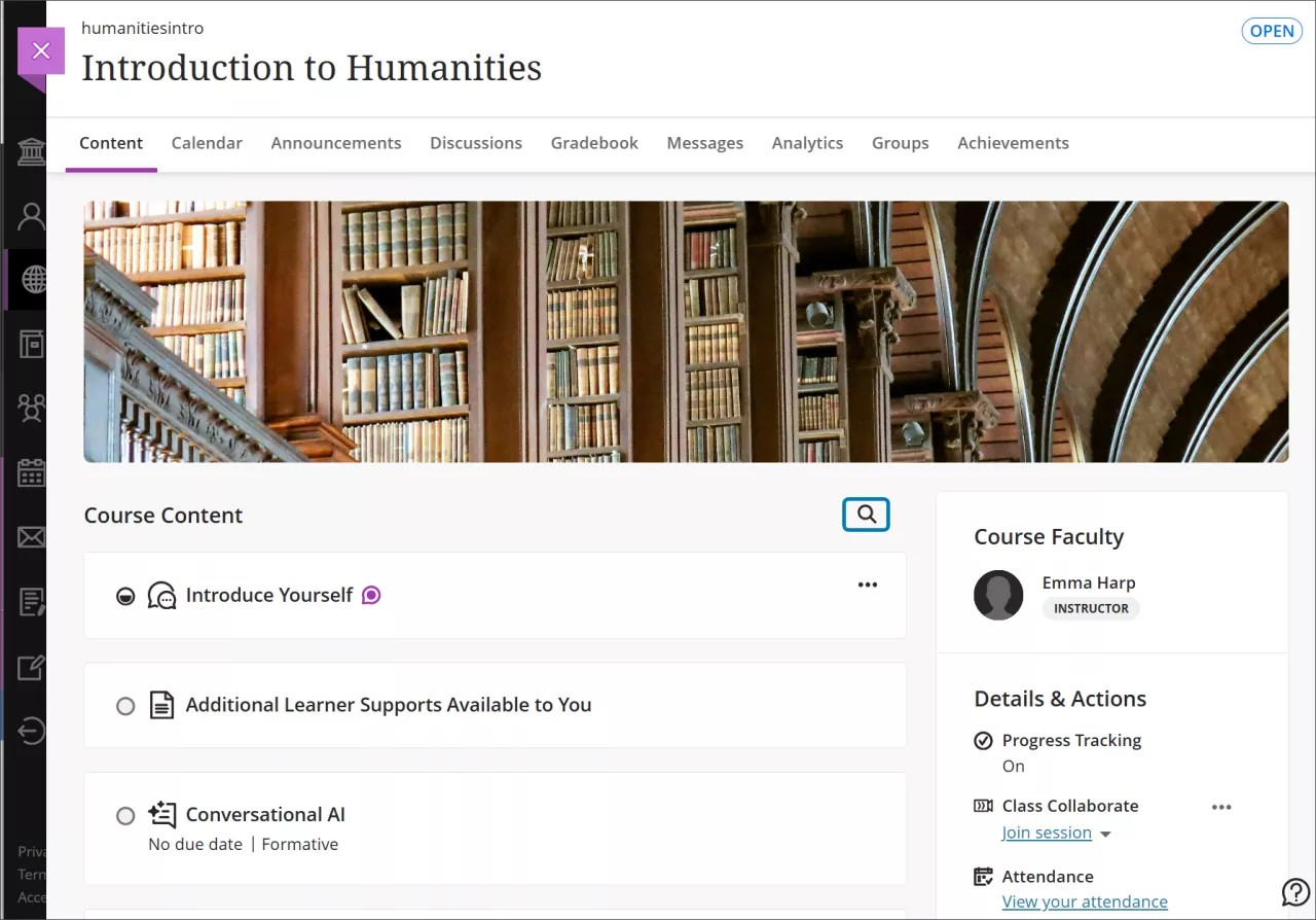 Course content page, with the Search icon highlighted in blue