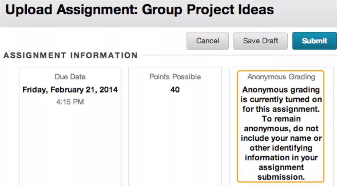 Upload Assignment page with the Anonymous Grading indicator highlighted.