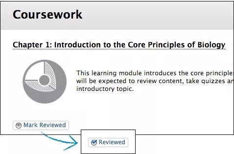 Course work item detail with the Mark Reviewed optioned highlighted. An arrow points to a box showing the Reviewed label.