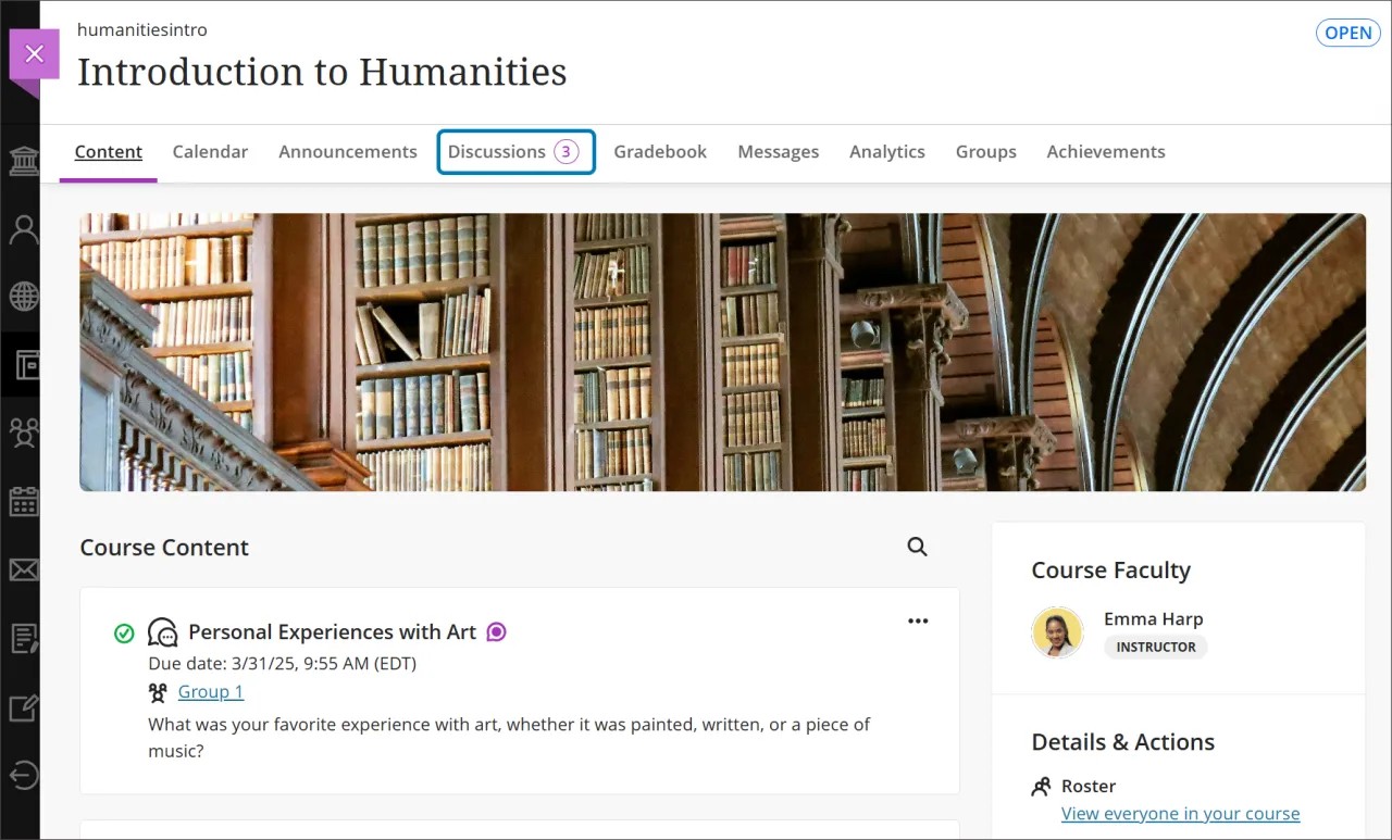 The Discussions page as viewed from the Course Content page, as a tab above the course content
