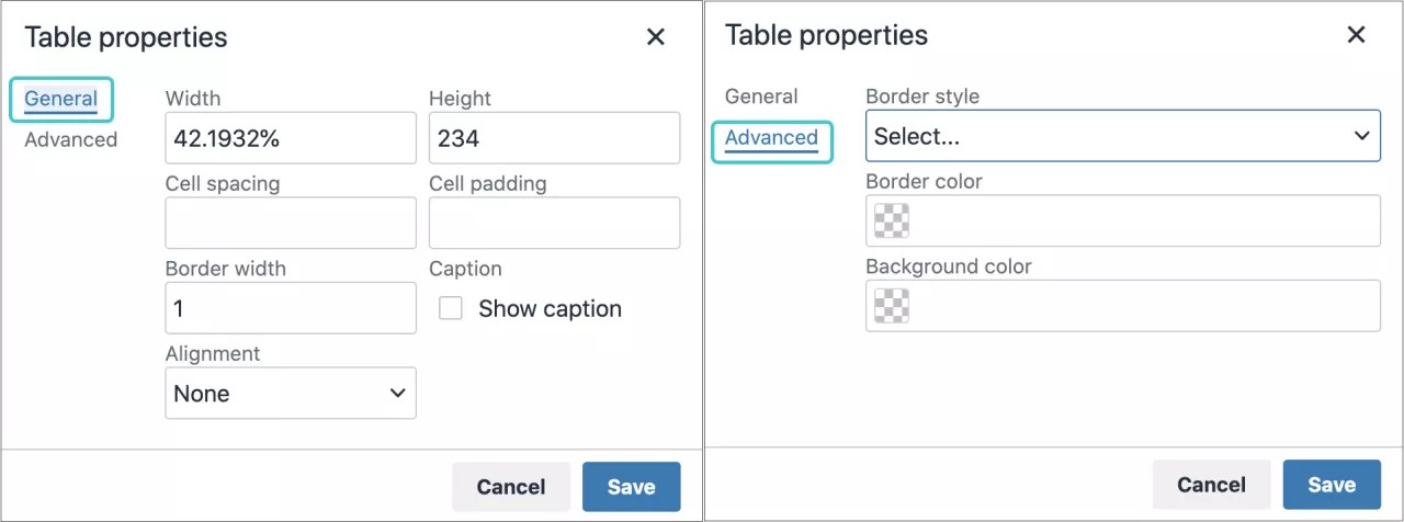 Table properties options. One window is the General Table properties, and the other window is Advanced Table properties.