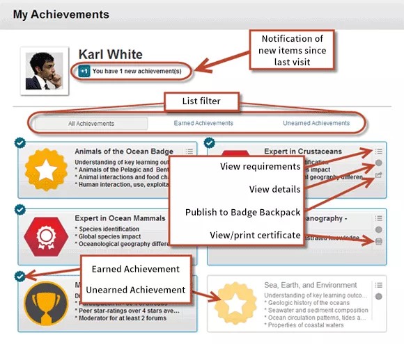 My Achievements page with the different page elements annotated.