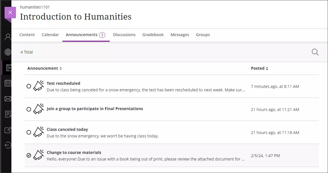 Announcements page with four announcements, one of which is read at the bottom