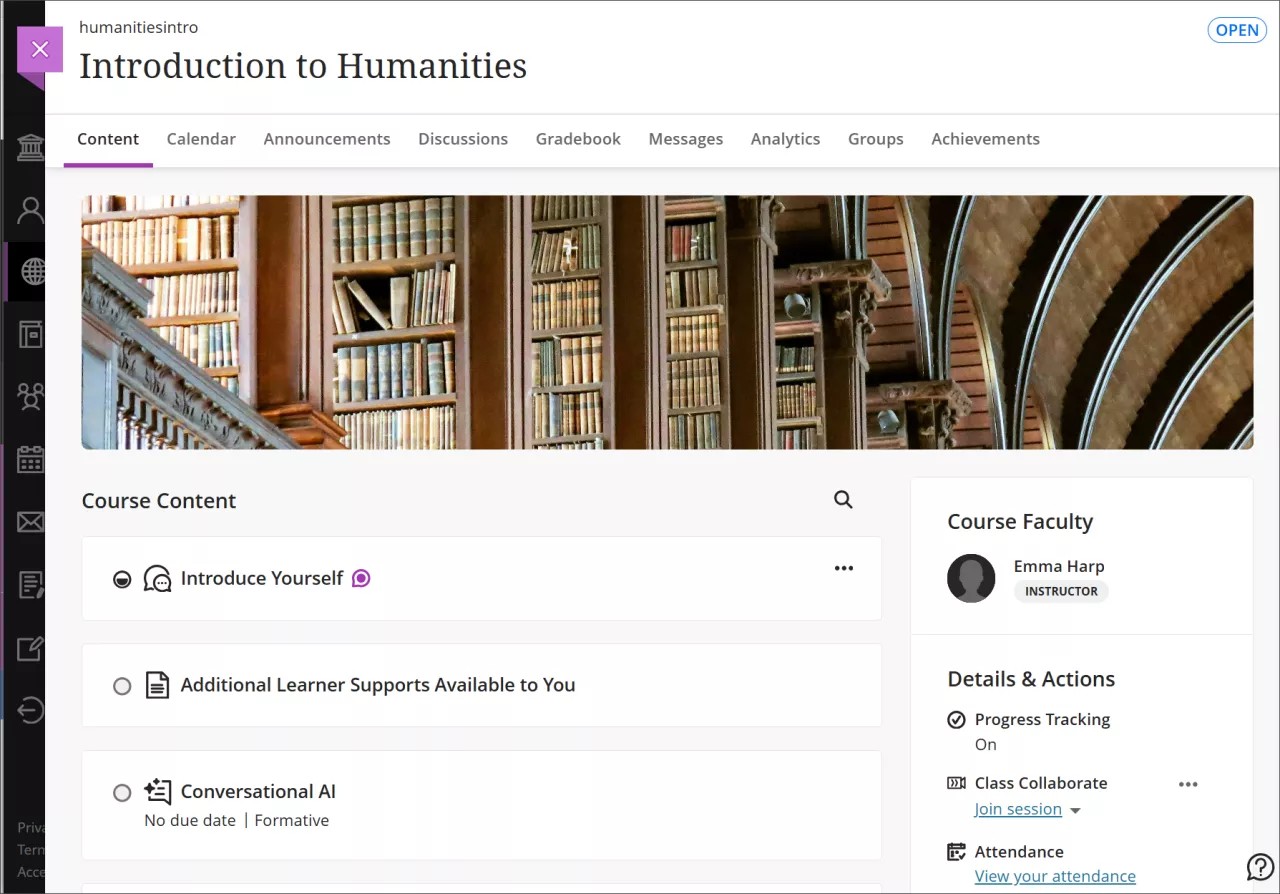 Course content page, with the navigation bar at the top, Details & Actions at the right, and the course's content in the middle