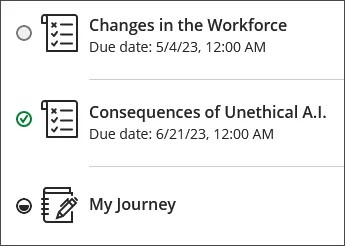 Image of the Course Content page, with progress tracking status for each item. One item has an empty circle, another a checkmark, and one with a colored half-circle.