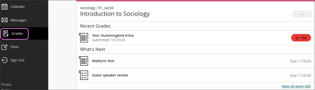 Grades page with Grades button highlighted in the side Panel.