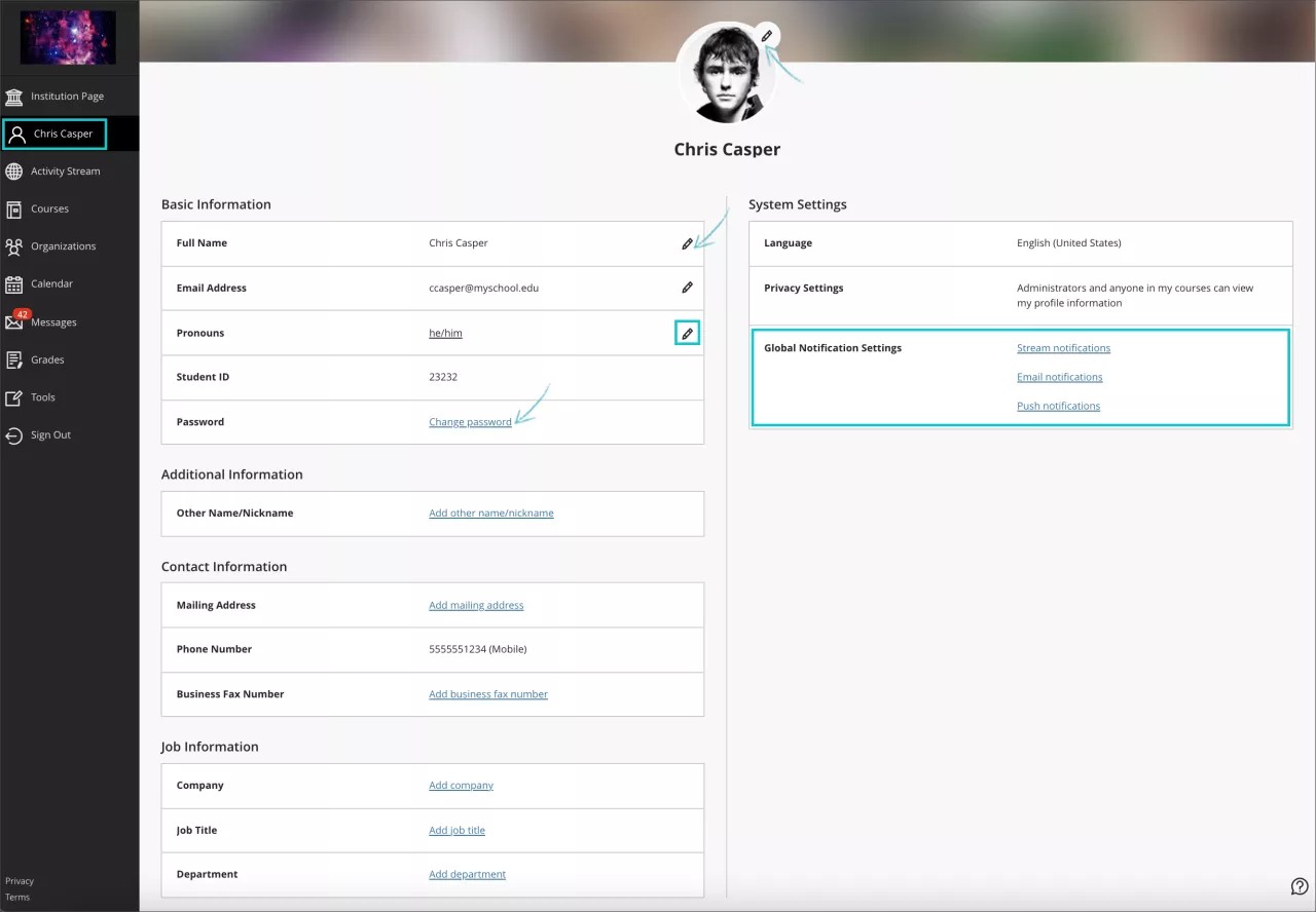 The Your Profile page for Chris Casper, with arrows pointing to the edit button for Full Name and the Change password link. The edit button for Pronouns and the Global Notification settings are highlighted with boxes.