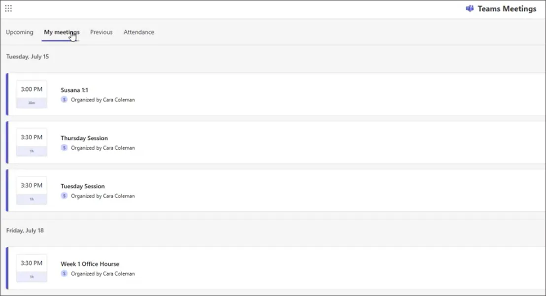 Microsoft Teams Meetings landing page in the Microsoft Education Dashboard. Four separate meetings are listed.