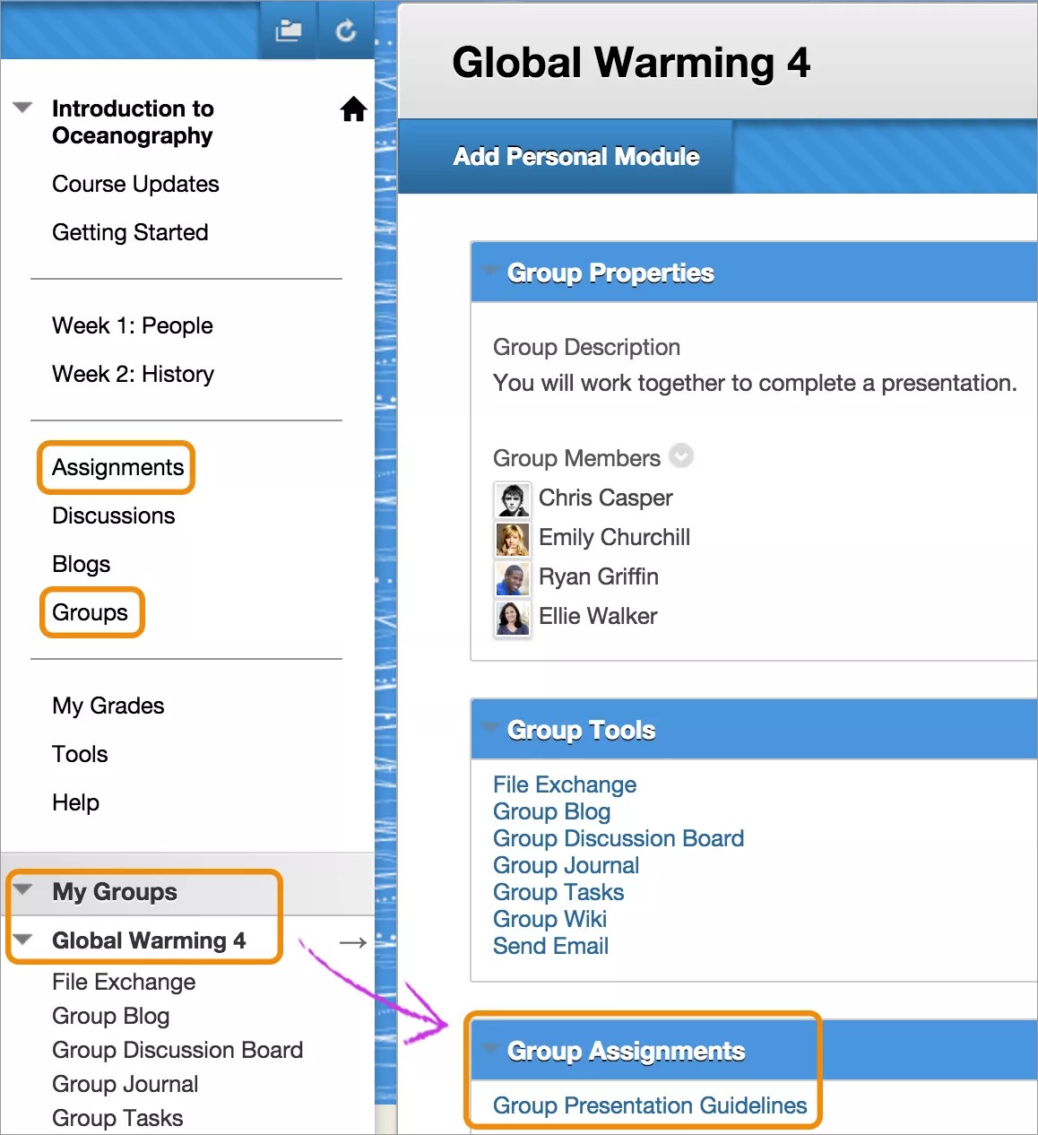 Course page with side panel options Assignments and Groups highlighted.