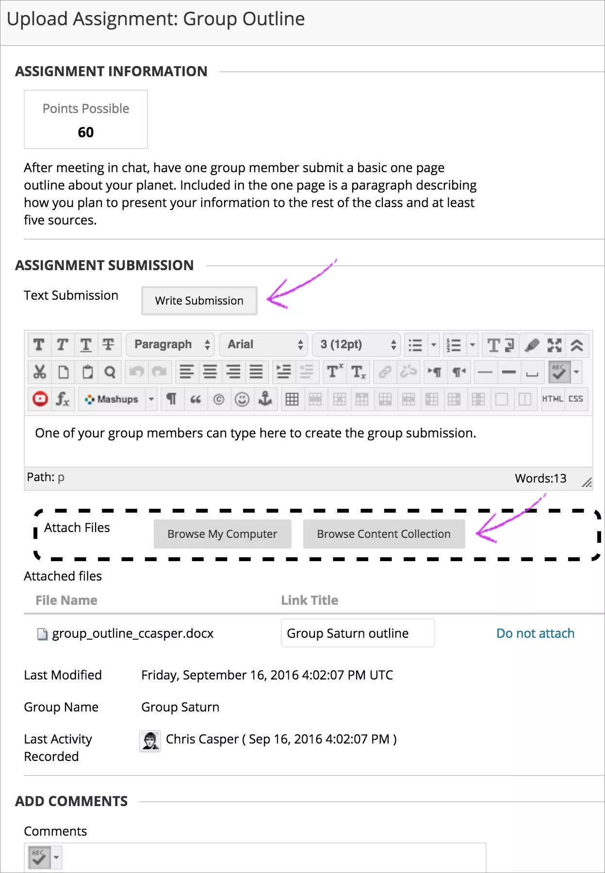 Upload Assignment page with Write Submission and Browse Content Collection highlighted.