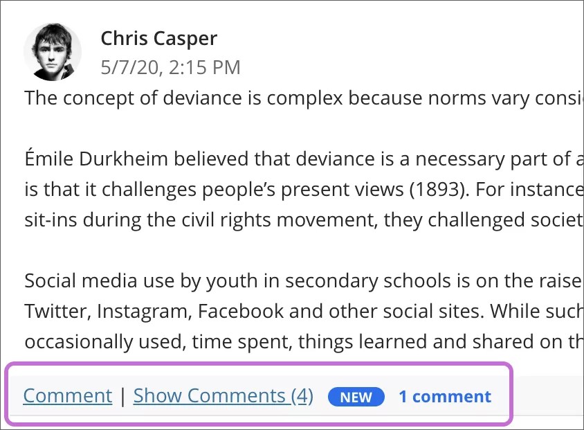 A journal entry with the links to comment and show comments below the entry highlighted. There is a new flag showing that there is 1 new comment.