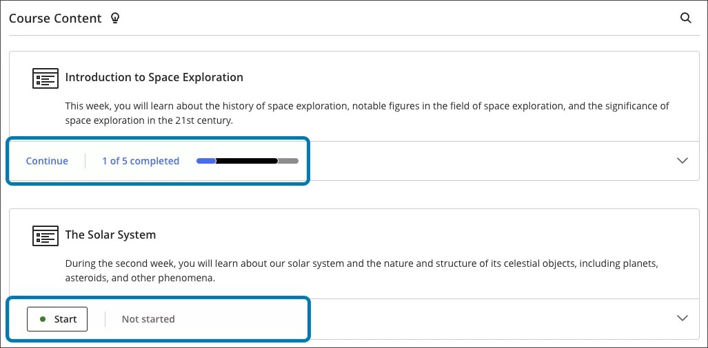 The progress indicator displays at the top level of the Learning Module and includes the total number of items in the Learning Module