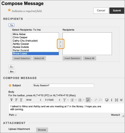 Compose Message box with the options to add recipients to a menu.