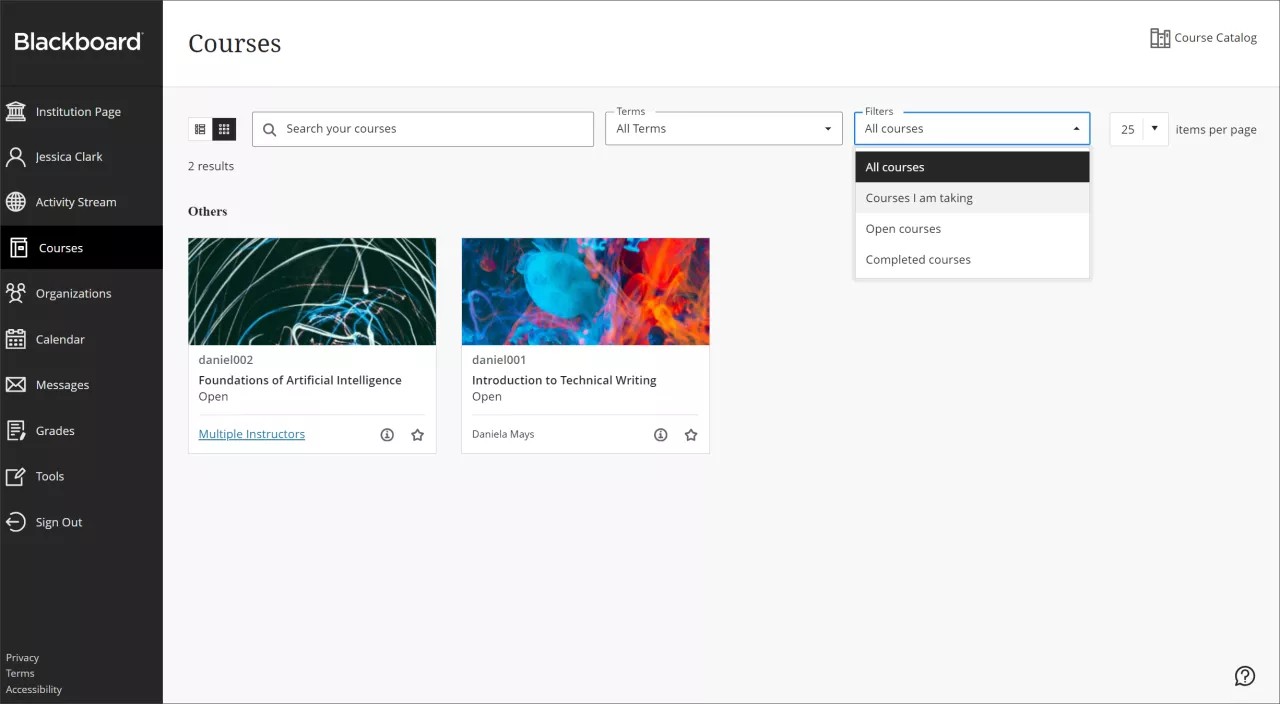 Student view of Courses page and Base Navigation