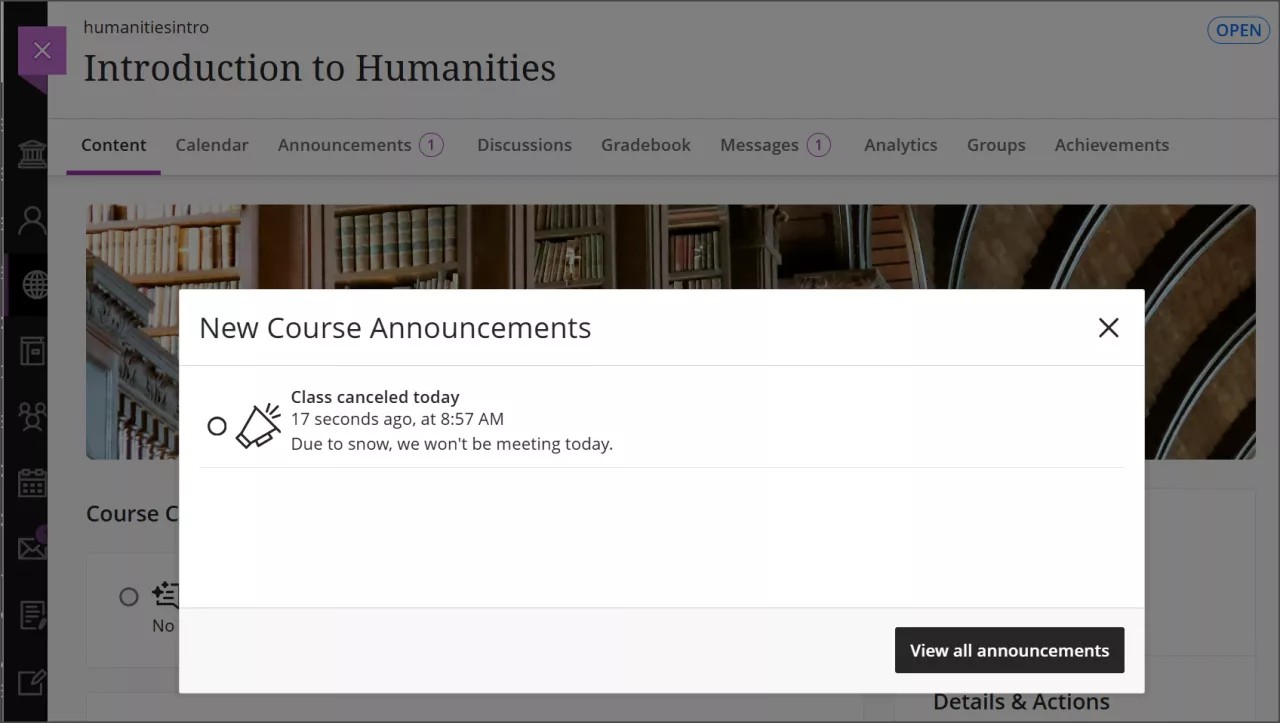 The New Announcements window, showing an unread announcement