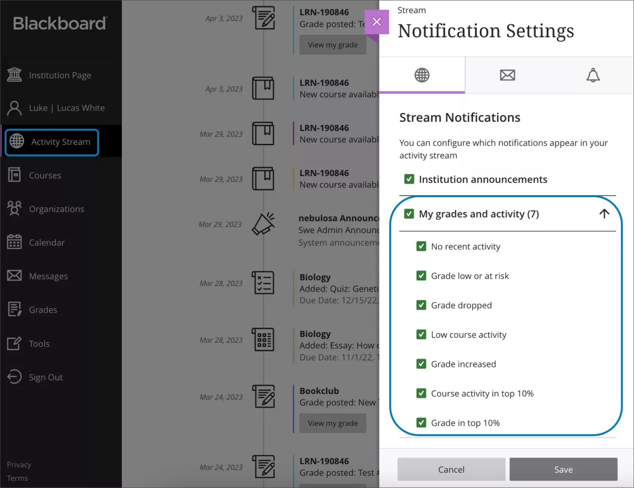 Imagen del panel de notificaciones del Flujo de actividades, con las opciones Mis calificaciones y actividad resaltadas en azul