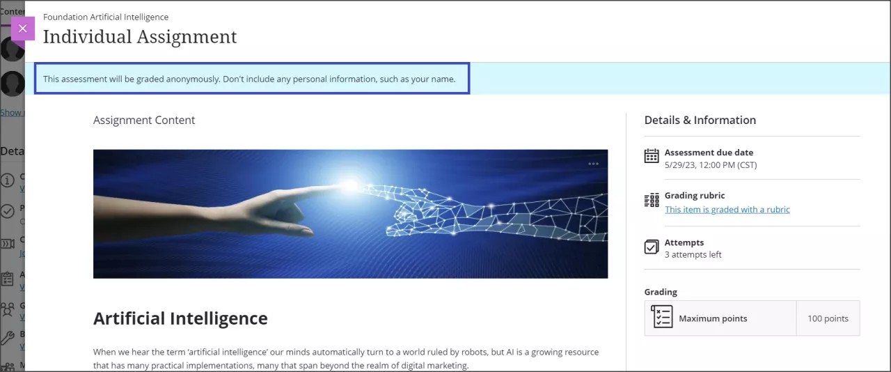 Affichage d'un travail par l'étudiant avec l'alerte anonyme.