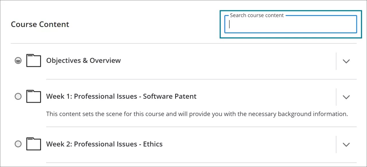 La barre de recherche du contenu du cours en haut de la page de contenu du cours